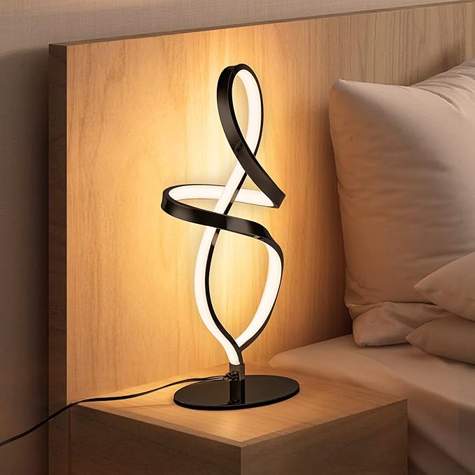 Mayful Modern Table Lamp with LED Spiral Design, Bedside Lamp with Stepless Dimming Switch, Contemporary Nightstand & Black Table Lamp for Bedroom, Living Room, Home Office, 12W 3200K Warm White
