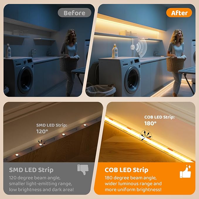 Under Bed Lights Motion Sensor COB Strip, 2-Pack of 6.56Ft Warm White Motion Activated LED Strip Lights with Dimmer, 12V Motion Sensor LED Light Strip Indoor for Bedside Cabinet Kitchen Closet Stair