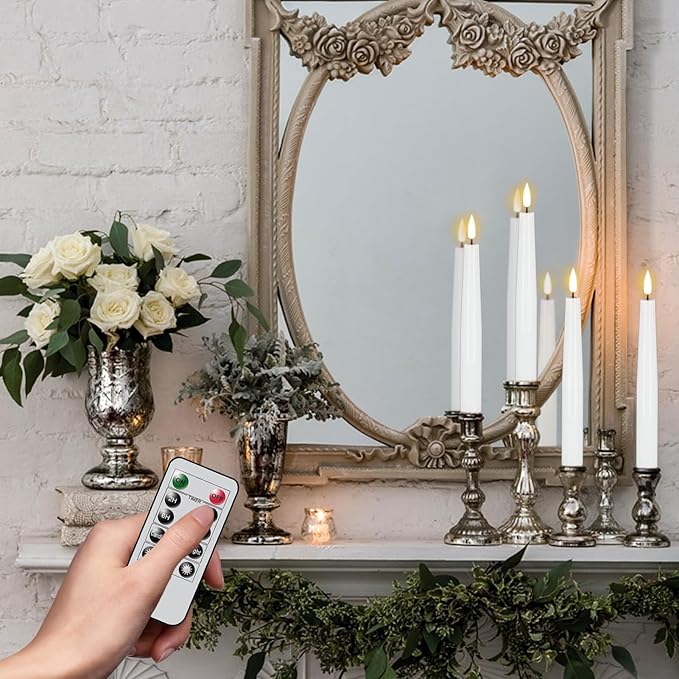 Flameless Taper Candles with Remote, Real Wax LED Taper Candles Battery Operated with 3D Flickering Wick, 4 Pack White Flameless Candlesticks for Halloween Christmas Wedding Holiday Decor