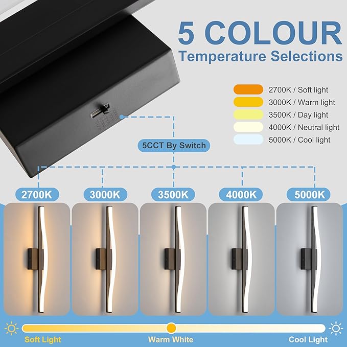 Modern Bathroom Vanity Light 24 inch, Curved, Dimmable 5CCT Led Bathroom Light Fixture Over Mirror, Black Bar Vanity Light for Bathroom Mirror Cabinets-ETL Certificated Modern LED Vanity Makeup Lights