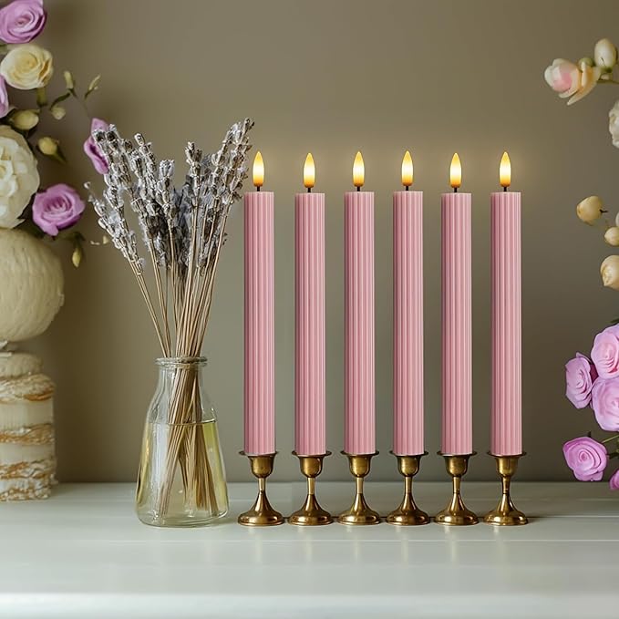 6 Pack, 10" LED Flameless Dusty Rose Fluted Ribbed Grooved Taper Candles, Remote & 24h Timer Memory, On/Off Button, Dimmable, Flicker Mode, Battery Operated, Christmas Menorah Wedding