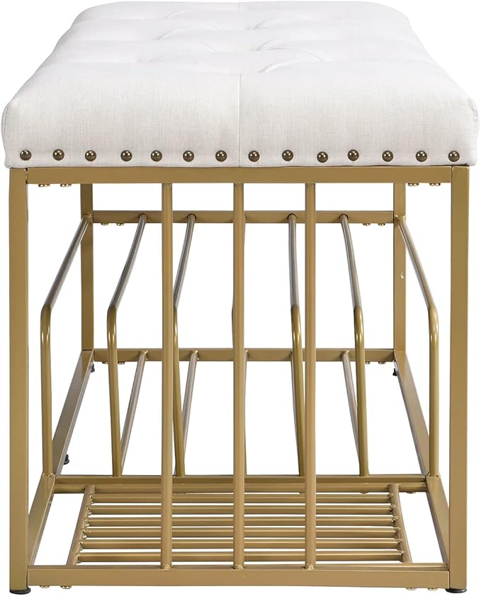 Linen Bench with Storage-Entryway Shoe Storage with Tufted Padded Seat,Gold Mental Frame Ottoman Bench for Bedroom Entry Window Mudroom Living Room,Beige