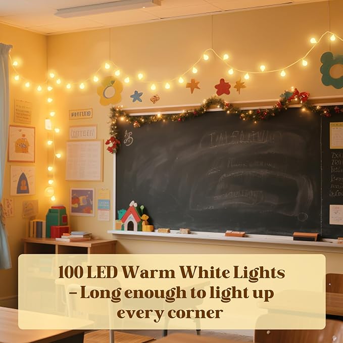 100 LED Hanging String Lights for Classroom – 33ft Plug in Fairy Lights with 8 Modes, Warm White String Lights for Classroom Decor, Teacher Supplies, Bulletin Board, Wall Display & School Decorations