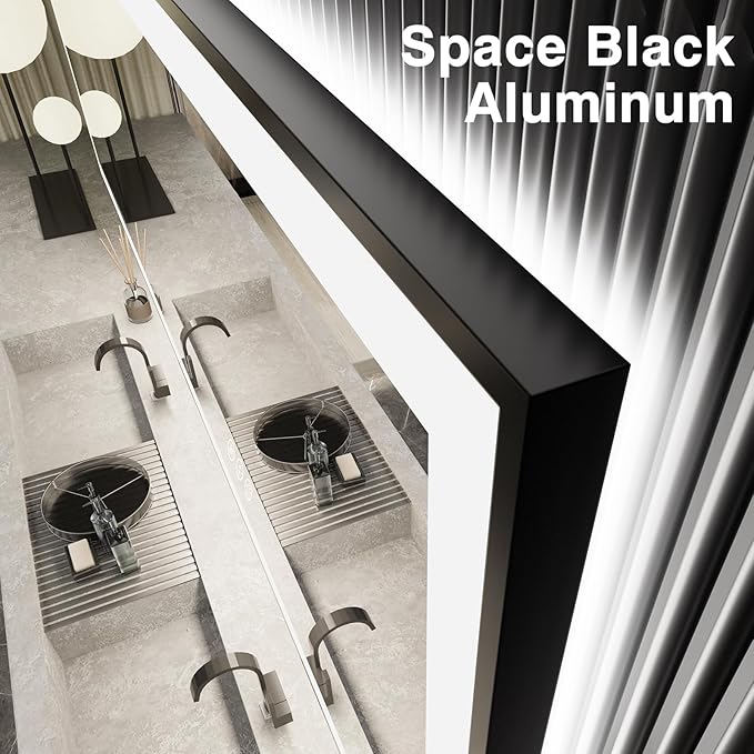 72x40 Large LED Bathroom Mirror with Lights -Black Aluminum Rimmed (Front and Backlit),Fogless Mirror with Lights,Stepless Dimmable Lighted Mirror,3 Colors Smart Mirror(Horizontal/Vertical)
