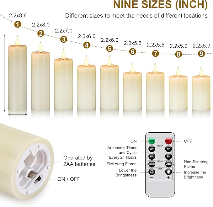 Nancia Flameless Battery Operated Flicking Candles:9PACK Remote Control Realistic Wax Pillar LED Candle with 10-Key Cycling 24 Hours Timer for Home Decoration Wedding Birthday Party Ivory
