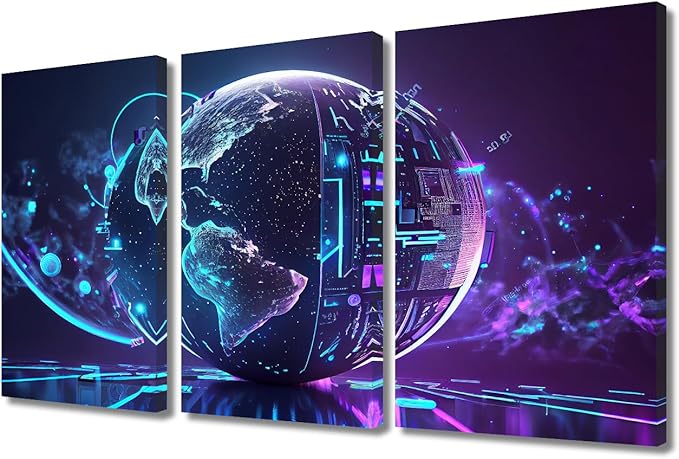 Digital World Wall Decor 3 Pieces Neon Colorful Global World in Cyber Space Pictures for Home Decoration, Modern Artwork Giclee Wooden Framed Gallery-Wrapped Ready to Hang, 36" Wx24 H