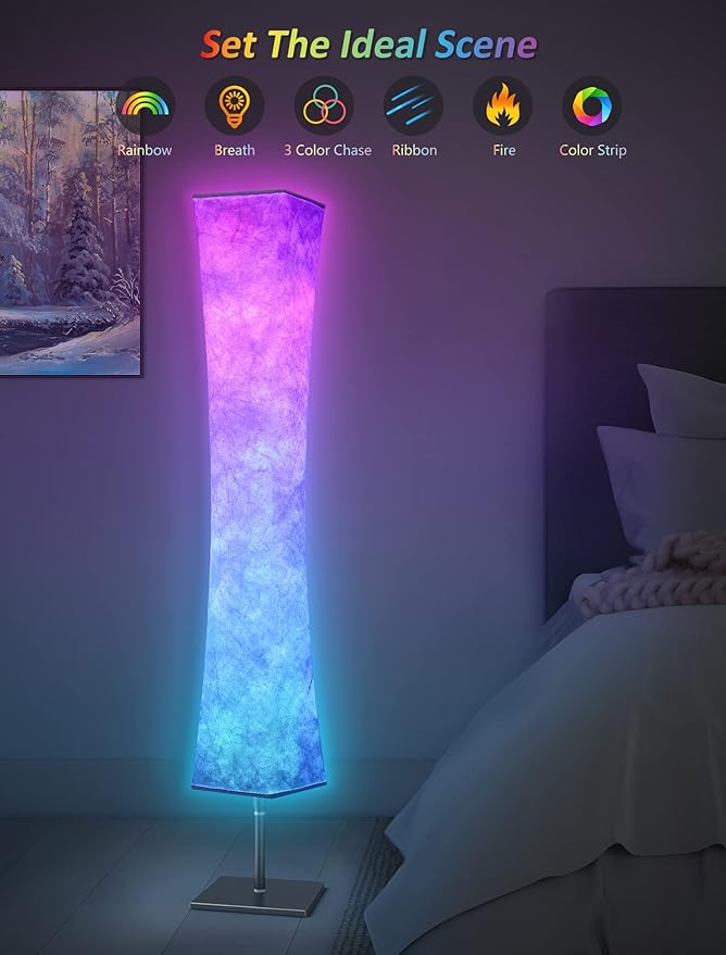 Torchlet RGB Led Smart Lamp Alexa APP Control, Color Changing Modern Floor Standing Lamp with DIY Mode, Music Sync and White Fabric Shade for Living Room Bedroom Game Room