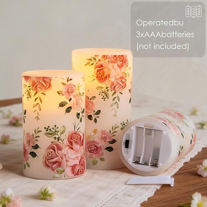 Flameless Candles with Remote, Battery Operated Candles Real Wax Pink Rose Flickering LED Candles Floral Christmas Decor Electric Pillar Candles Set of 3