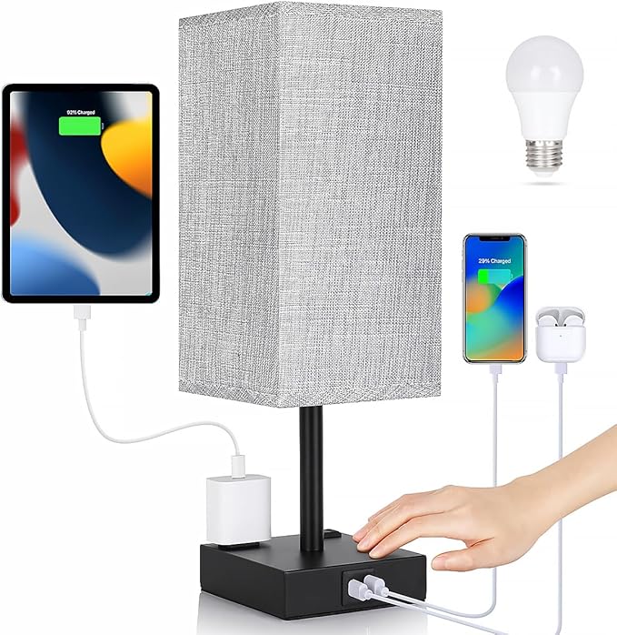Soilsiu Bedside Table Lamp for Bedroom - Touch Small Lamp with USB C+A Charging Ports & AC Outlets, 3 Way Dimmable Nightstand Light for Living Room (LED Bulb Included, Grey)