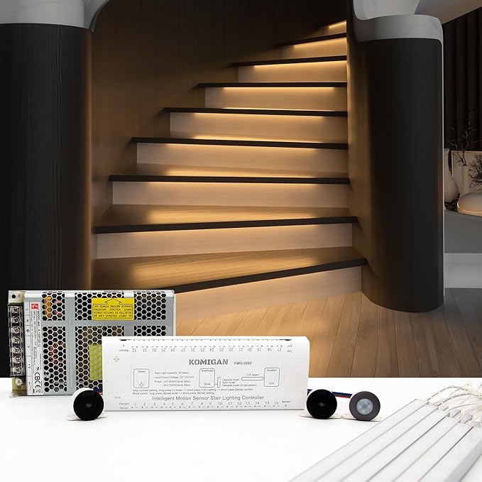 Motion-Activated Cascading Effect LED Stair Lighting Kit KMG-3233, 23.6" Aluminum Light Bar for Indoor Staircases (Warm White 3000K, 14 Stairs)