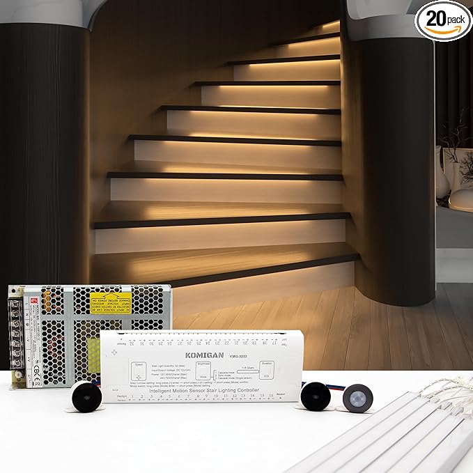Motion-Activated Cascading Effect LED Stair Lighting Kit KMG-3233, 23.6" Aluminum Light Bar for Indoor Staircases (Warm White 3000K, 20 Stairs)