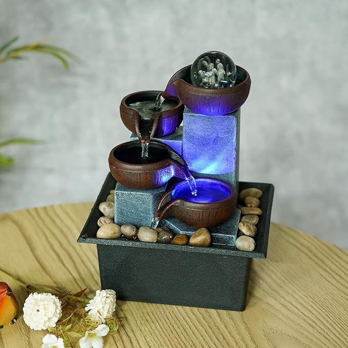 Small Indoor Water Fountain, Zen Meditation Waterfall Feature with Automatic Pump & Natural River Rocks, Tabletop Waterfall Fountain for Office Living Room Bedroom, 7.48” Tall