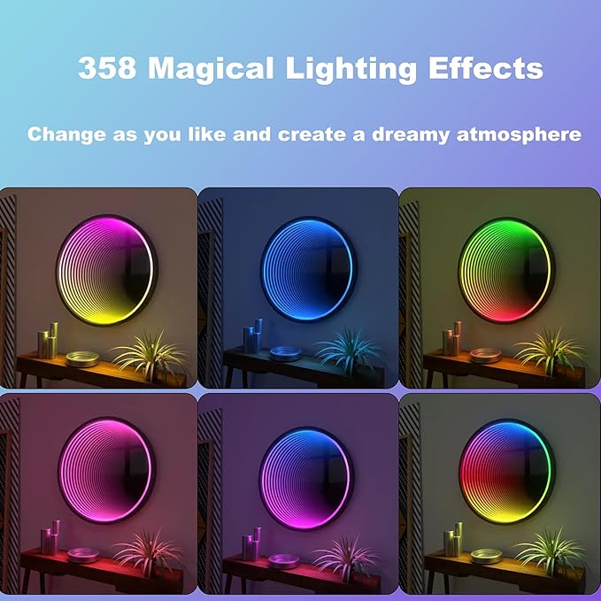 3D Infinity Mirror Light, 28" Circle LED Tunnel Wall Light with 358 LEDs, App & Remote RGB Color Changing Mirror for Gaming Room Decor, Party, Bar, Geometric Art Deco Wall Mounted