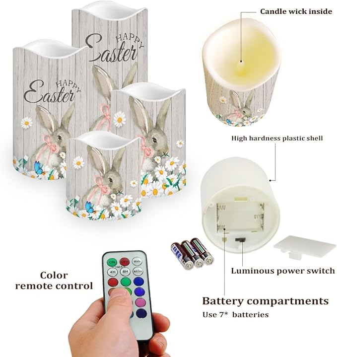 Easter Bunny Daisy Plastic Flameless Candles with Remote Control and Timer LED Flickering Battery Electric Pillar Candles for Table Easter Decoration