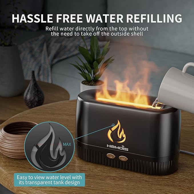 Essential Oil Diffusers, Quiet Flame Diffuser, 7 Colors Modes Changed Light Flame Humidifer, Auto Shut Off Aromatherapy Diffuser, Black