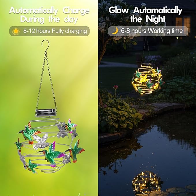 2 Pack Hummingbird Solar Lights Outdoor Hanging Lantern with Handle, Solar Powered Hummingbird Garden Decor for Outside Patio Yard Porch Pathway Hummingbird Gifts for Women (Warm White LED Lights)
