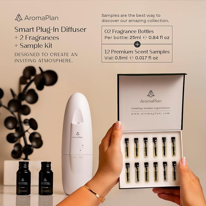 AromaPlan 5 Star Collection Plug in Diffuser (Fragrances+Sample Set Included)-Cold Air & Waterless Diffusers for Home & Office- Silent Wall Diffuser Plug in, Bluetooth App Control, 1000 sq. Ft (White)