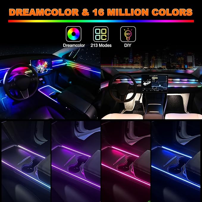Interior Car LED Strip Lights, Acrylic LED Lights for Car with Dynamic Dreamcolor Chasing, Ambient Lighting Kits Music Sync Wireless APP and RF Remote Control (8 in 1)