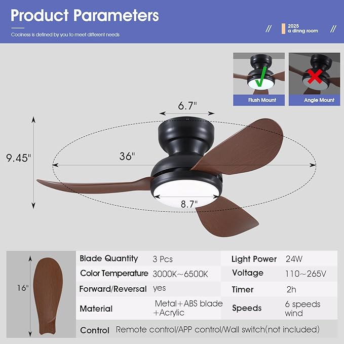 36 Inch Ceiling Fans with Lights, Small Flush Mount Ceiling Fan, Remote/APP Control, 3 Reversible Curved Blades, 6 Speeds, 3 CCT Dimmable Lights for Bedroom Kids Room, Brown