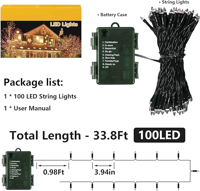 ITICdecor Christmas String Lights 33ft 100 LED, Waterproof Fairy Starry String Lights Battery Operated, 8 Modes Decorative Lights for Indoor Outdoor Xmas Tree Party Garden(Warm White)
