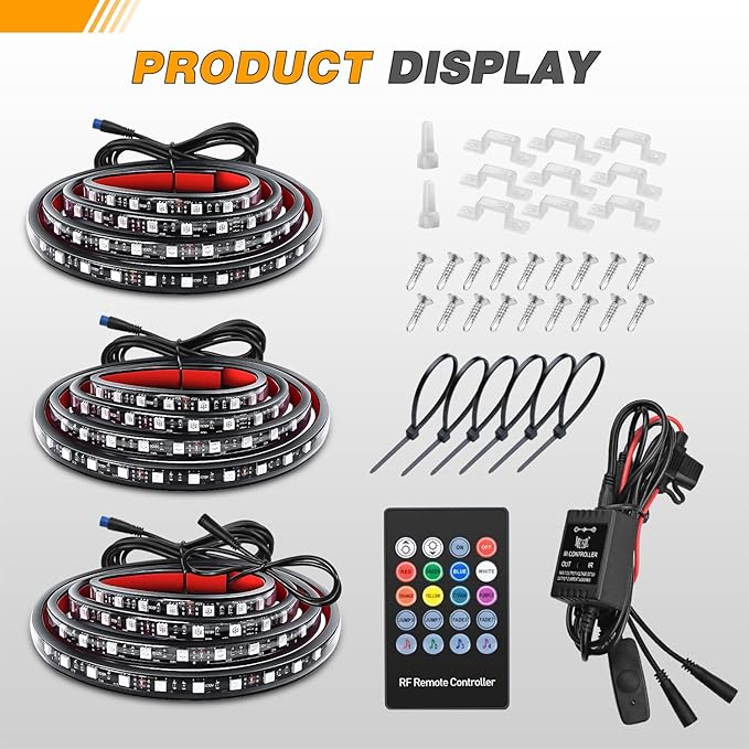 GOOACC RGB Truck Bed Light Strip 3PCS 60" 270 LEDs Neon Accent Lighting with RF Remote On/Off Switch Splitter Extension Cable for 12-Volt Car Cargo Pickup SUV RV Boat