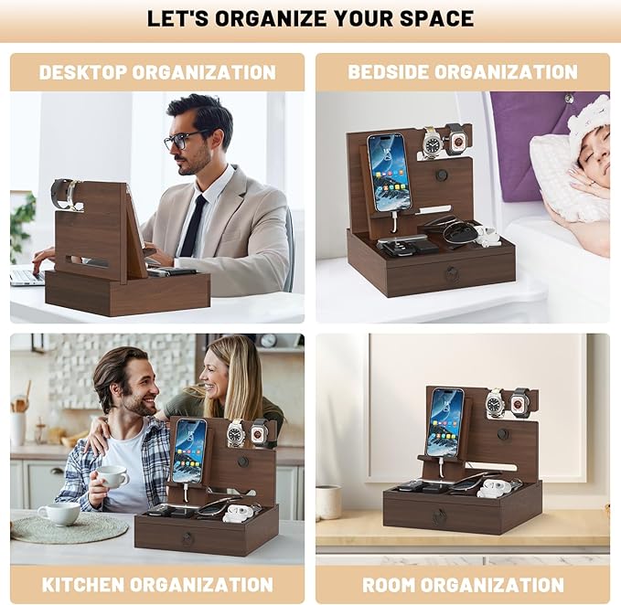 Wood Phone Docking Station, Nightstand Organizer with Drawer, Bedside Table Organizer for Watch & Accessories, Christmas Anniversary Birthday Gifts for Men,Dad,Husband
