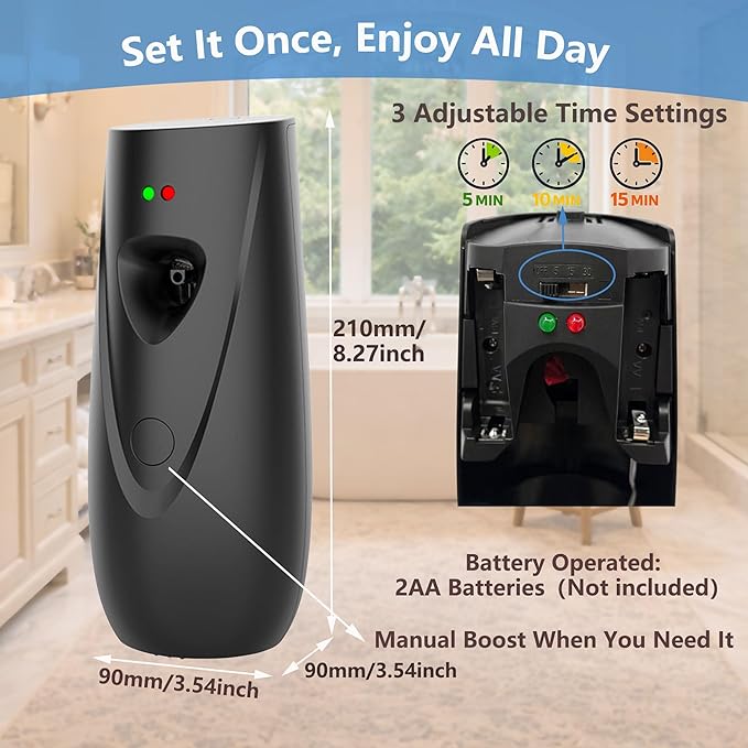Automatic Air Freshener Spray Dispenser (2-Pack) Wall Mounted or Free Standing, Commercial and Home Use, Multiple Time Scent/Mist Release Settings for Room/Restroom Sprayer (Black1103)