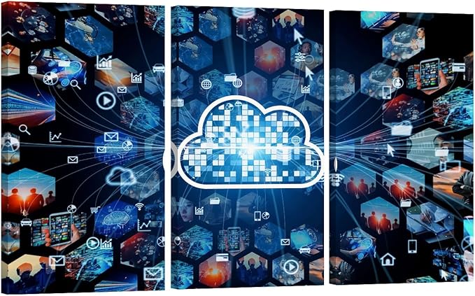 Wall Decor 3 Pieces Cloud Computing Concept Communication Network Posters and Prints, Artwork Giclee Stretched Framed Gallery-Wrapped, 20x40inchx3