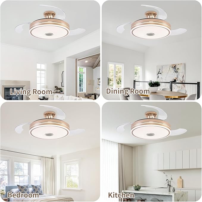 42 inch Ceiling Fan with Light, Retractable Chandelier Ceiling Fans with Lights, Bladeless Ceiling Fan with Light for Bedroom Living Room