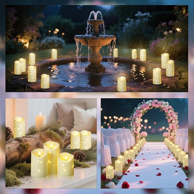 Outdoor Waterproof Flickering Flameless Candles with Embedded Star String,2Pcs LED Pillar Candles Battery Operated with Remote and Timers for Courtyard,Porch,Camping,Holiday Decoration(Ivory)