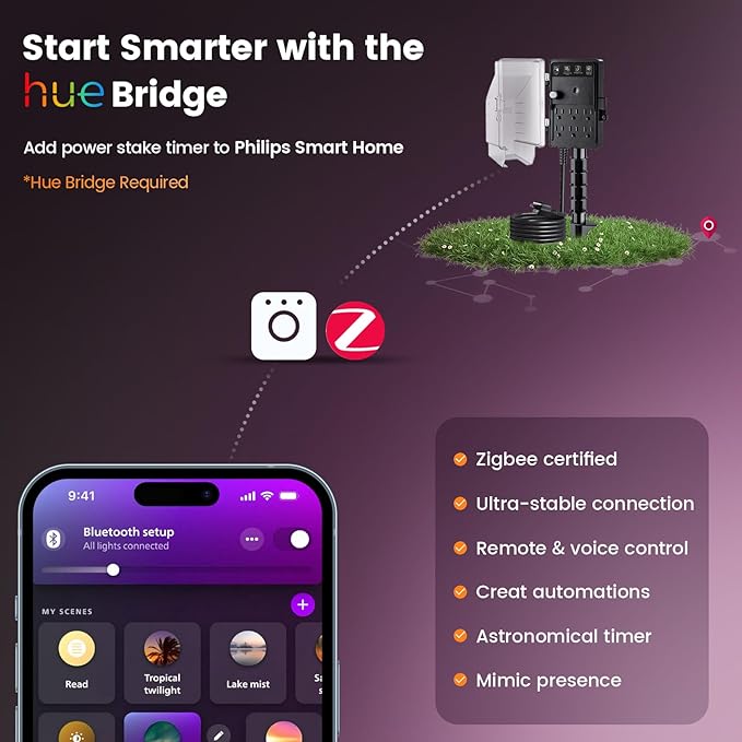 SURAIELEC Zigbee Outdoor Power Stake Timer Waterproof, 6 Outlet Power Strip Weatherproof, Smart Plug Light Timer Switch, 6FT Extension Cord, Alexa/Google Assistant Compatible, Hue Bridge Required