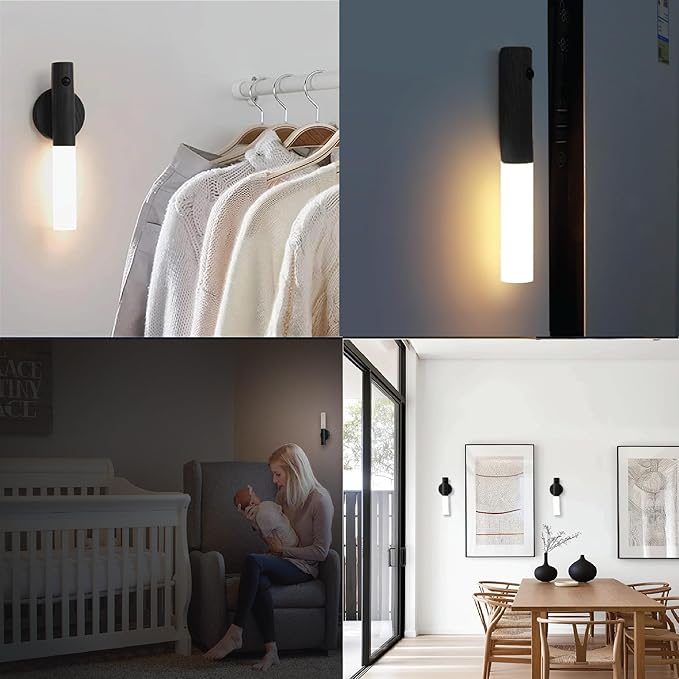 Motion Sensor Night Light Black 2pc, Magnetic LED Wall Lights Rechargeable Portable Sensor Night Light Indoor Wooden Wall Sconce for Bedroom, Staircase, Hallway, Closet Walnut Wood, Warm Lighting