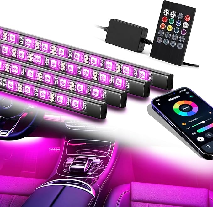 DIBMS Smart Car Interior LED Strip Light Kit with APP Remote Control, RGB Music Sync Color Changing DIY Mode USB Port for Under Dash DC 12V Vehicle Decorations