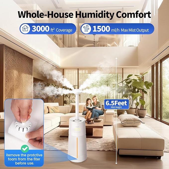 Humidifier Large Room - GloryAir 6.3Gal/24L 4X Atomizers Top Fill Whole House Large Cool Mist Quite Humidifiers 1500mL/h for Home Bedroom 3000 ft² with Auto Mode for Commercial Office Plants