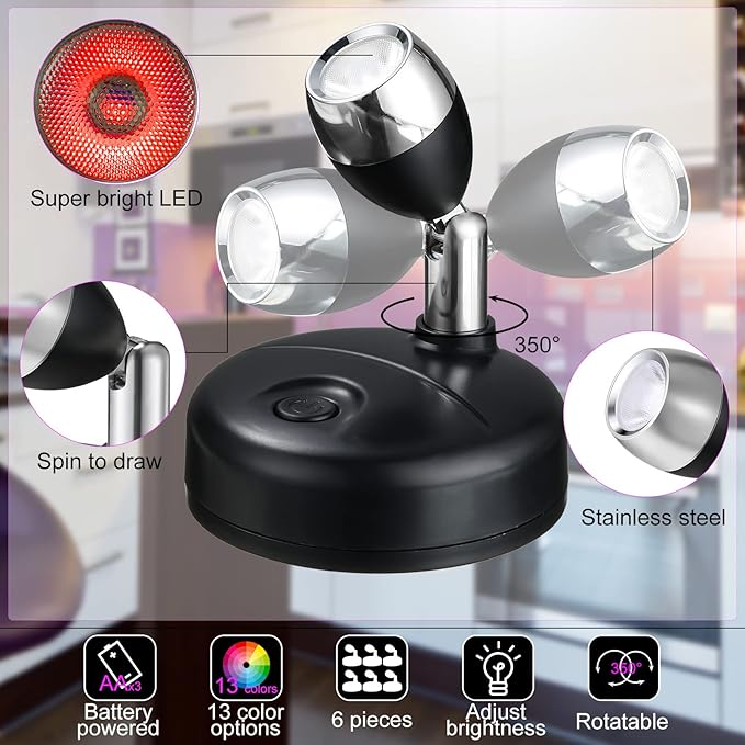 Hortsun 6 Pieces Battery Operated Spotlights Indoor LED Wireless Spotlight Indoor 13 Color up Lights with Rotatable Light Head Stick on Wall Hallway for Painting Picture Artwork Closet (Black)