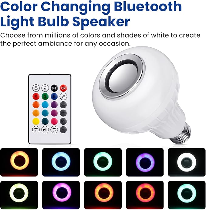 LED Light Bulb Bluetooth Speaker with Remote Control and APP, White+Color Changing - Works with E26 Base Fixture - Perfect Lamp for Home, Party, Bedroom, Indoor Floodlight Bulb