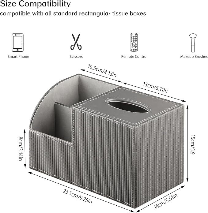 Fanousy Square Tissue Box Cover with Storage, PU Leather Cube Tissue Box Holder, Remote Control Nightstand Organizer, Modern Desk Caddy for End Table, Bathroom, Bedroom, Home, Office Decor(Grey)