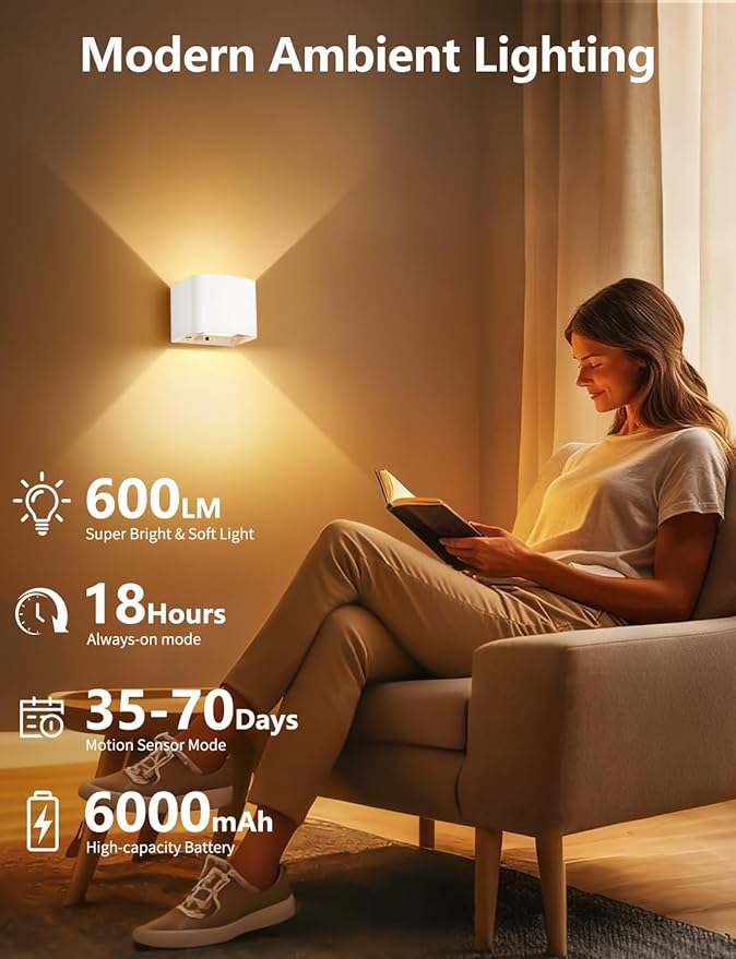 Battery Operated Wall Lamps with Motion Sensor, 6000mAh Rechargeable Wireless LED Sconce with Remote Control, Stepless Dimming, 2700-6500K, Adjustable Beam Angle, White Wall Lights for Bedroom, 2-Pack