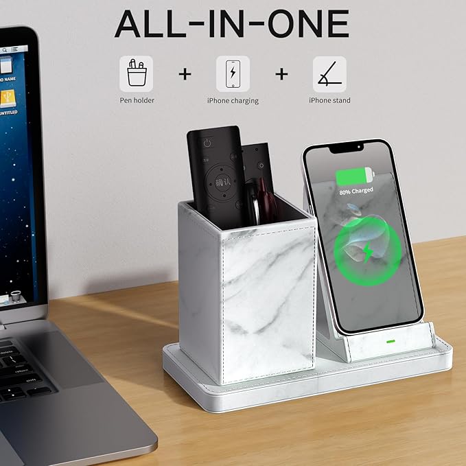 Multi-Functional Pencil Holder for Desk,marble Vegan Leather Organizers with Remote Control Holder,Pencil Holder Desk Organizer with Phone Wireless Charger for Office/Nightstand/Endtable