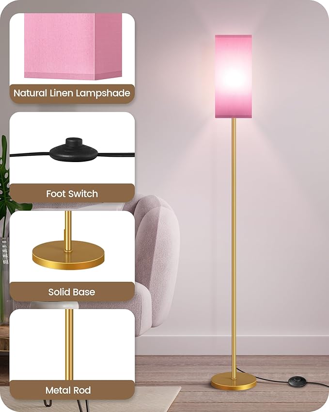 2Pack Floor Lamp, Pole with Foot Switch, Modern Standing Lamp Lampshade, Minimalist Freestanding Lamp (Bulb Not Included), for Living Room, Bedroom Office ETL Listed,Gold and Pink DP07LDP205