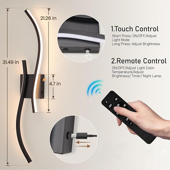 CANEOE Battery Operated Wall Sconces with Remote Control,10000mAh USB Rechargeable Black Wall Light,3000K-6000K LED Wireless Wall Lamp for Bedroom,Hallway,Background Wall,31.5inch,1 Pack