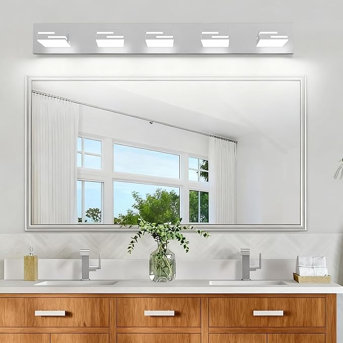 LED Modern Bathroom Vanity Light Fixtures, 5-Light 34-inch Dimmable Chrome Vanity Lights for Bathroom Lighting Fixtures Over Mirror, with 350° Rotatable Heads (Cool White 6000K)