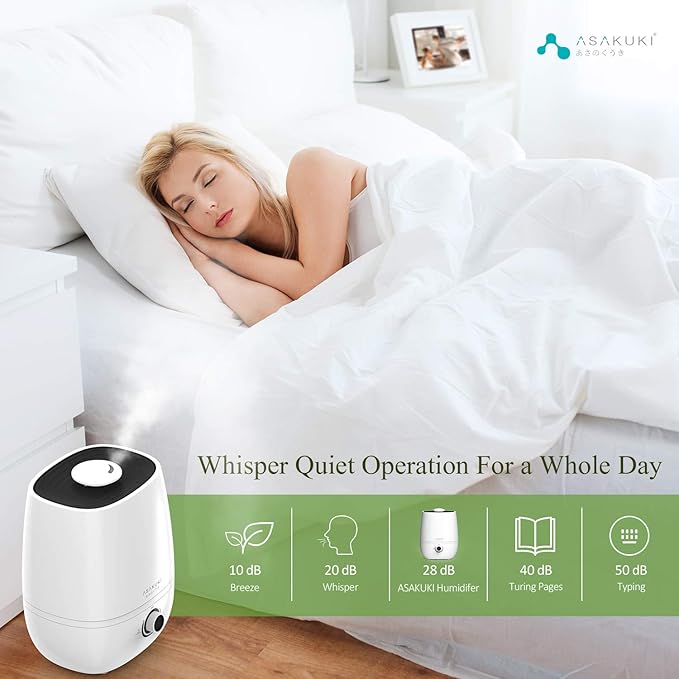ASAKUKI Premium Cool Mist Humidifier, Large 4L Capacity Ultrasonic Diffuser Vaporizer, Whisper-Quiet Air Humidifier for Home,Office,Bedroom,Baby, Lasts Up to 20-60 Hours