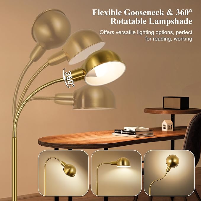 Floor Lamp for Living Room, 63" Standing Lamp with Adjustable Gooseneck, 3 Color Temperatures, Industrial Gold Floor Lamp Reading for Bedroom, Office, 9W LED Bulb