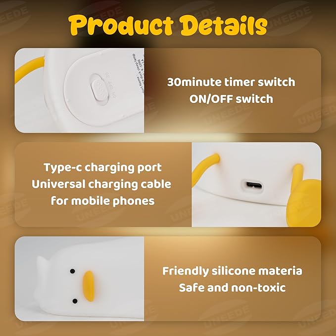 UNEEDE Lying Flat Duck Lamp, 3 Level Dimmable Rechargeable Silicone Night Light, Benson Duck Cute Squishy Touch Sensor Bedside Lamp for Nursery, Breastfeeding, Kids Room Decor