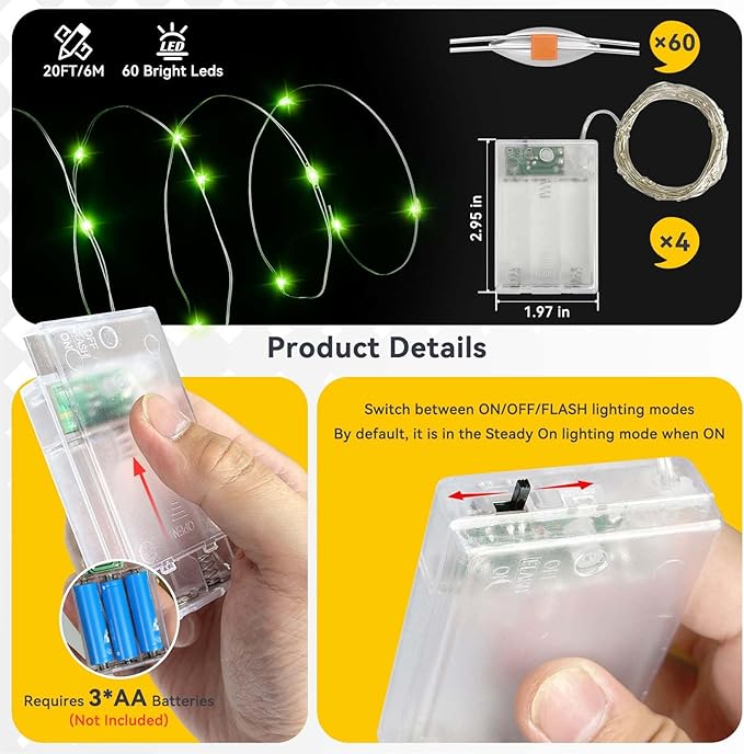 LitHome 4 Pack Green Fairy Lights Battery Operated, 20 FT 60 LED Twinkle Lights Battery Operated 2 Modes Indoor, Waterproof Christmas Lights for St Patrick’s Day Party Wreath Tree Garland Table Decor