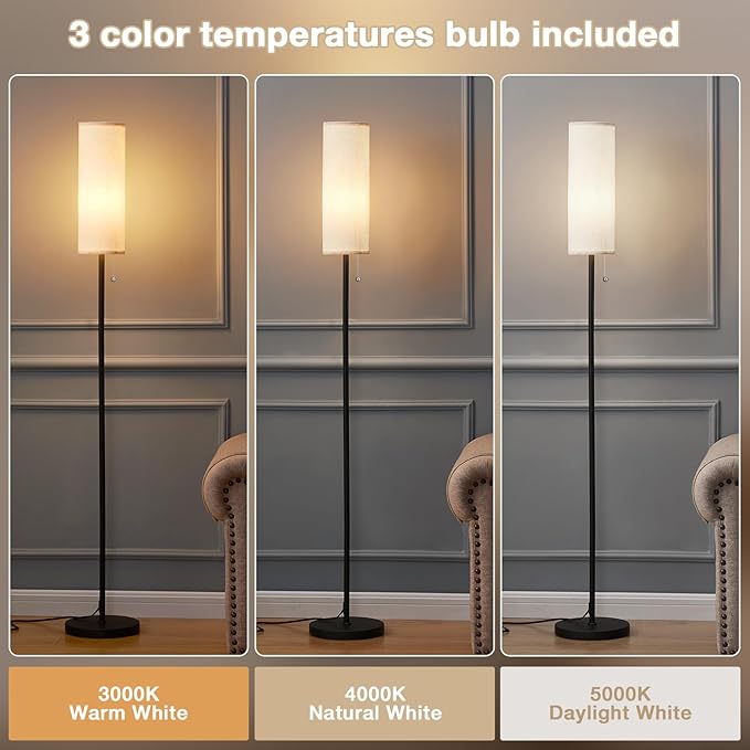 Ambimall 64'' Floor Lamp for Living Room with Bulb- Tall Lamps with Beige Lampshade & Pull Chain Switch, Pole Lamps for Bedrooms Tall, Minimalist Floor Lamp