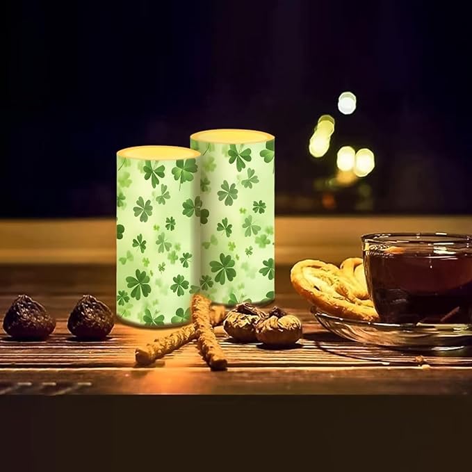 Green Leaves Candles Battery Operated Flameless Candles with Remote Fall Decorations LED Fake Candles for Home Bedroom St Patricks Day Table Decor 3 inch Set of 2