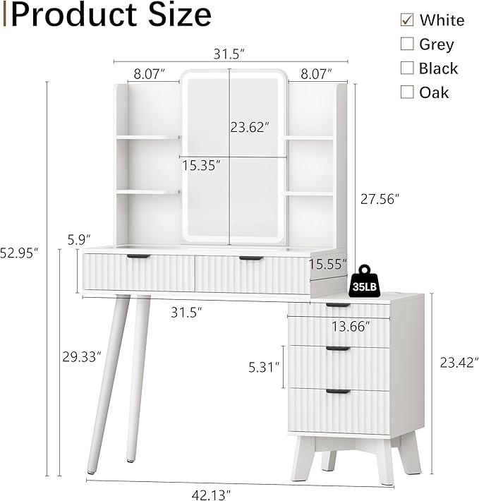 42'' Fluted Makeup Vanity Desk with LED Lights Mirror & Charging Station, Modern Glass Top Vanity Table with 5 Drawers & Open Shelves, Dressing Table for Bedroom, Living Room, White