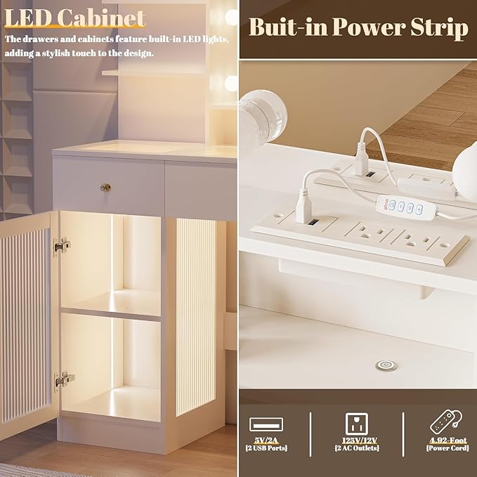 Vanity Desk with Mirror and Lights, Sleek Glass Top Makeup Vanity Set with Power Outlet, Drawers and Cabinet, 3 Adjustable Lighting Modes Dressing Table for Bedroom